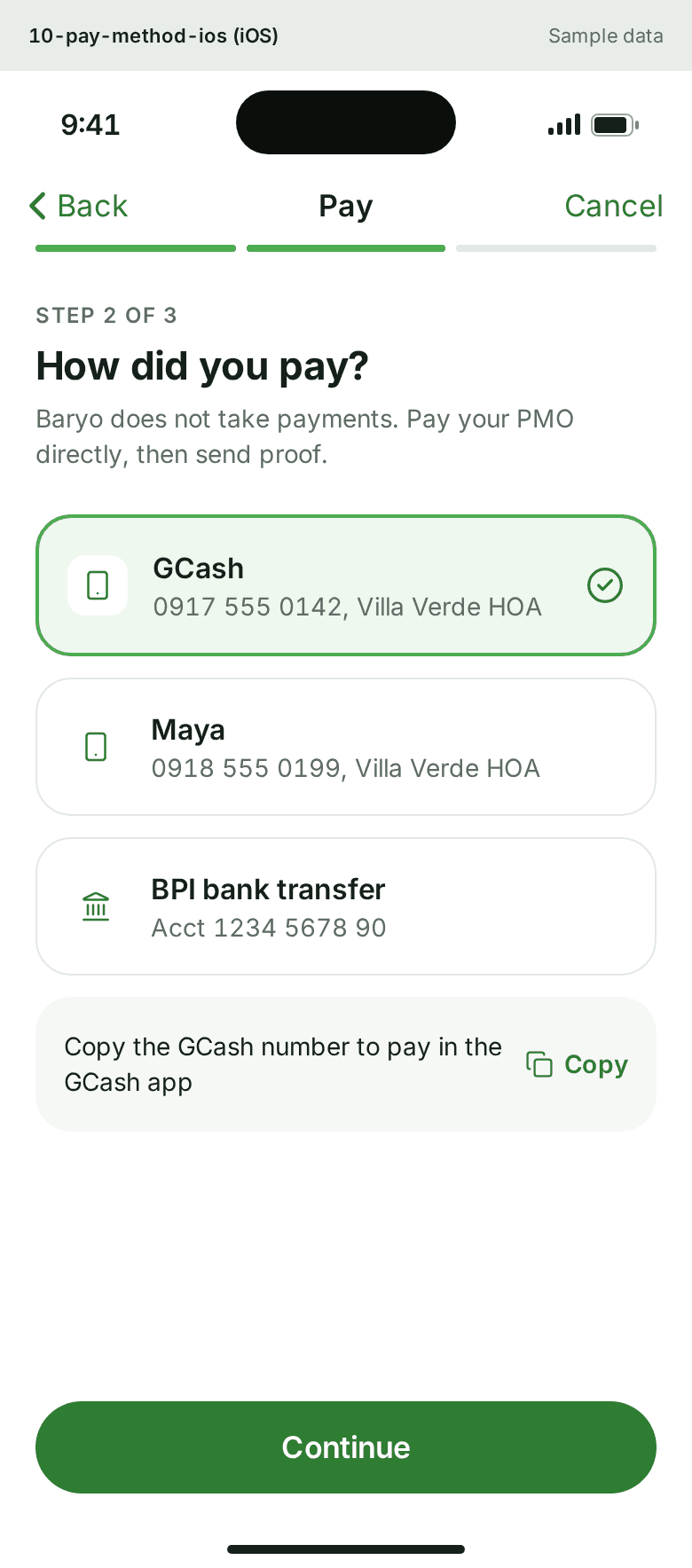 Choosing a payment method in Baryo